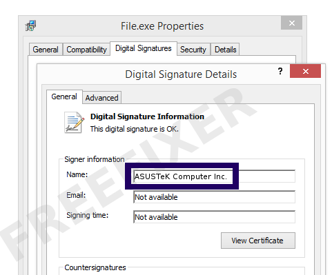 Screenshot of the ASUSTeK Computer Inc. certificate